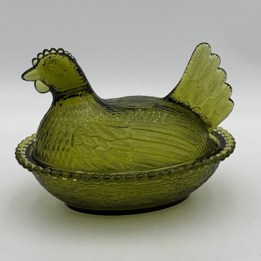 Vintage Olive Green Glass Hen on Nest Covered Candy Dish Farmhouse Decor 5.5in